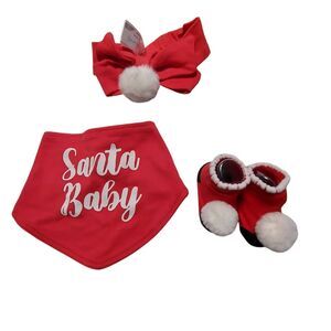 Play Gear Santa Baby Bib, Headband And Booties 0-12mo